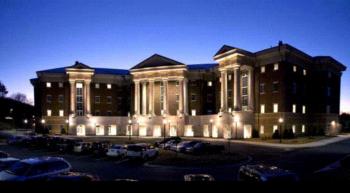 illuminated building facade at twilight