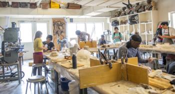 art class with students woodworking