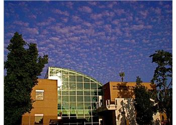 modern building with glass facade under a textured sky