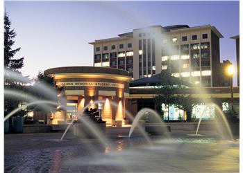 fountain in front of university building at dusk