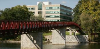 bridge with university building in background