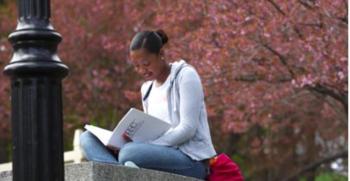 student reading on campus bench, blooming tree behind