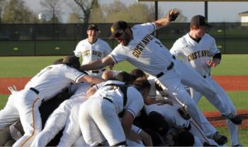 baseball team celebrating victory on field