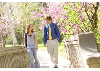 two students walking by flowering trees