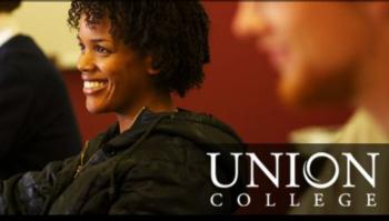 smiling woman in a classroom with 'union college' text