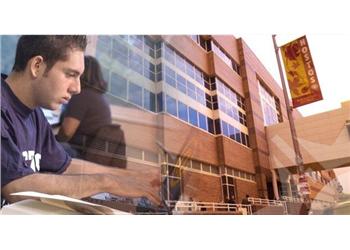 collage of student studying and campus building