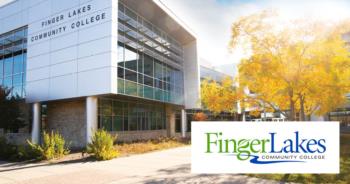 modern building with 'finger lakes community college' logo and autumn trees