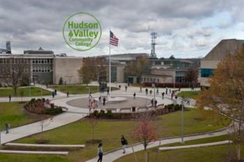 hudson valley community college campus with central plaza and flagpole
