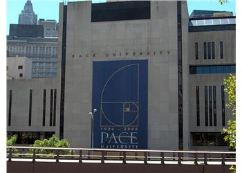 pace university building with anniversary banner