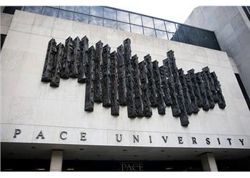 abstract sculpture above pace university entrance