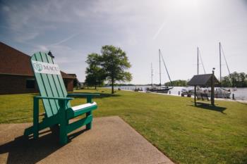 overlooking marina with campus chairs