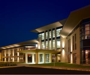 modern college building illuminated at night