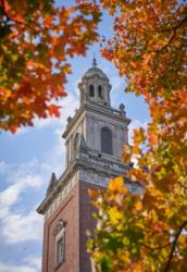 tall brick tower framed by colorful fall leaves against a blue sky