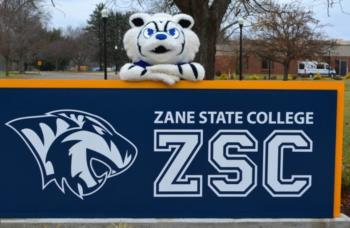 zane state college mascot on sign with blue and white colors