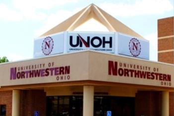 entrance with 'university of northwestern ohio' sign and triangular roof