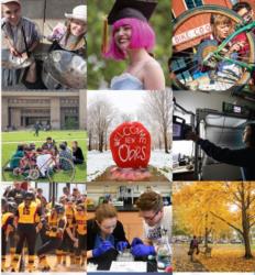 collage of students, buildings, art, and campus activities