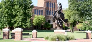 statue of a horse and rider near a building