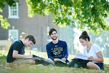 students studying on grass at clarion university campus