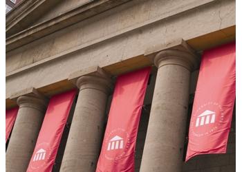 building facade with red banners