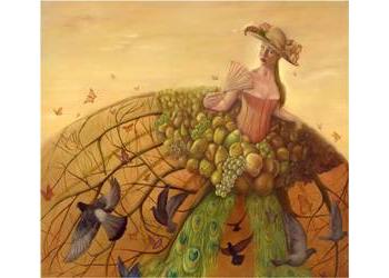 painting of woman with fruit and birds