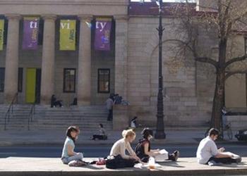 students studying outside building
