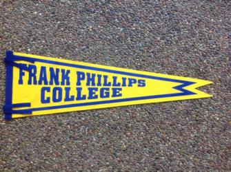 yellow pennant with blue text reading 'frank phillips college'
