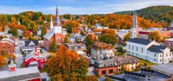 overhead view of town with autumn colors