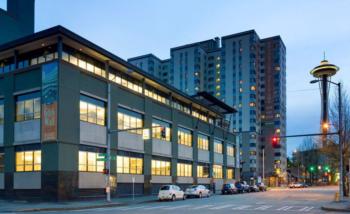 urban campus building at dusk