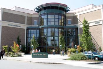 snoqualmie hall with glass entrance and people outside