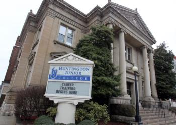 building with pillars and sign that reads 'huntington junior college career training begins here'