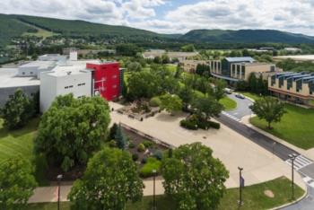 aerial view of campus with red building