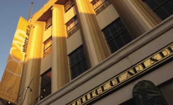 building facade with banners and sign