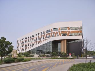 modern building with geometric patterns and large glass windows