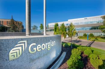 georgian college sign and modern campus building under clear blue sky