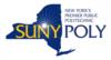 Logo: SUNY Poly in gold letters accompanied by a starburst in the center of an outline of NYS