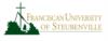 Logo: franciscan university of steubenville logo with a cross and chapel silhouette